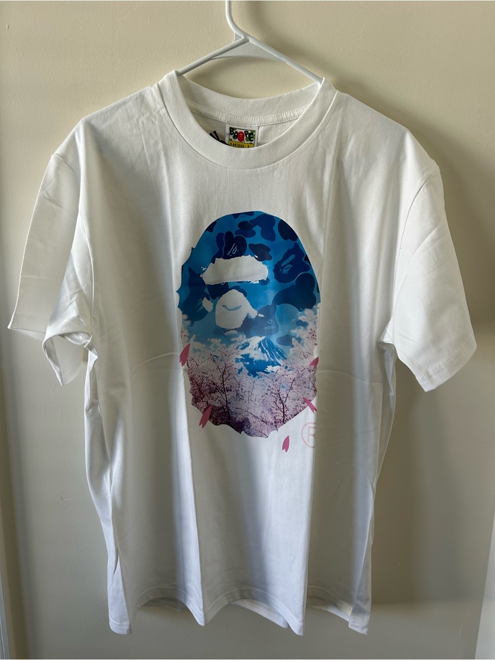 Bape White Tee with Blue and Pink Graphic
